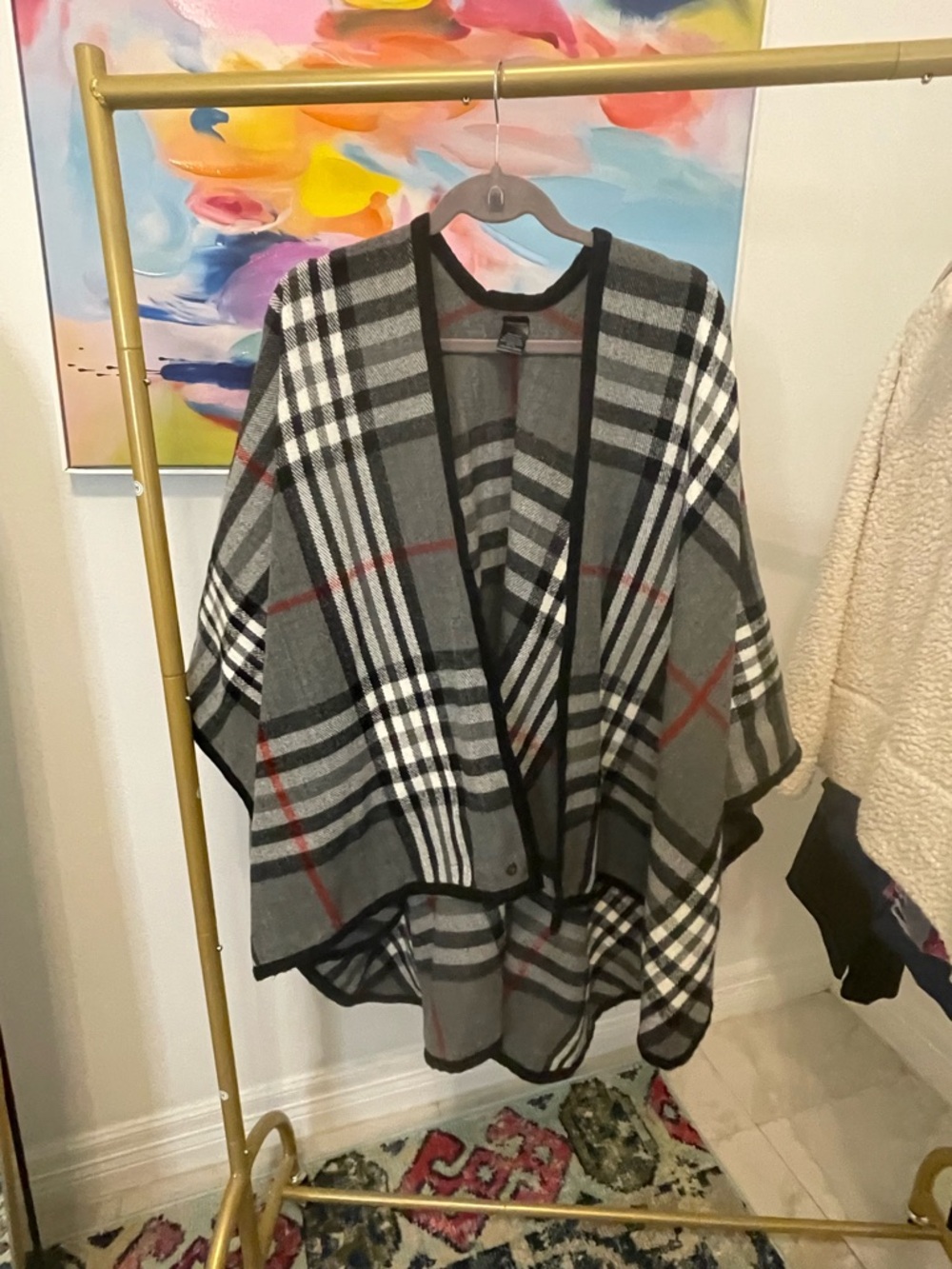 Gray‎ Plaid Open-Front Poncho Jacket - Women one size
